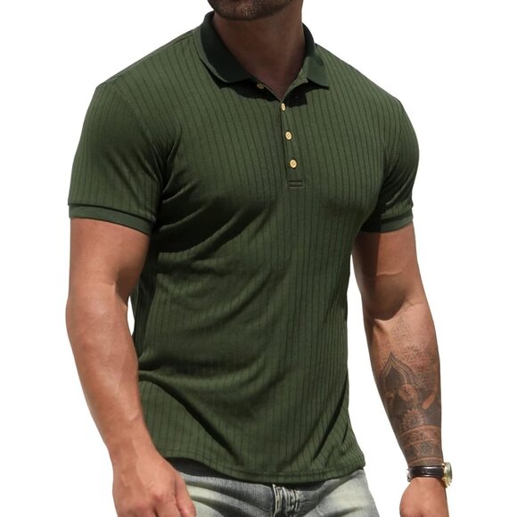 🆕Men Dark Green Polyester Polo Shirt Slim Fit Casual Workout Short Sleeve - Picture 1 of 6